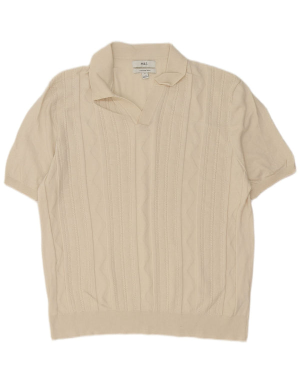 Marks & Spencer Mens Short Sleeve Polo Neck Jumper Sweater XL Beige Cotton