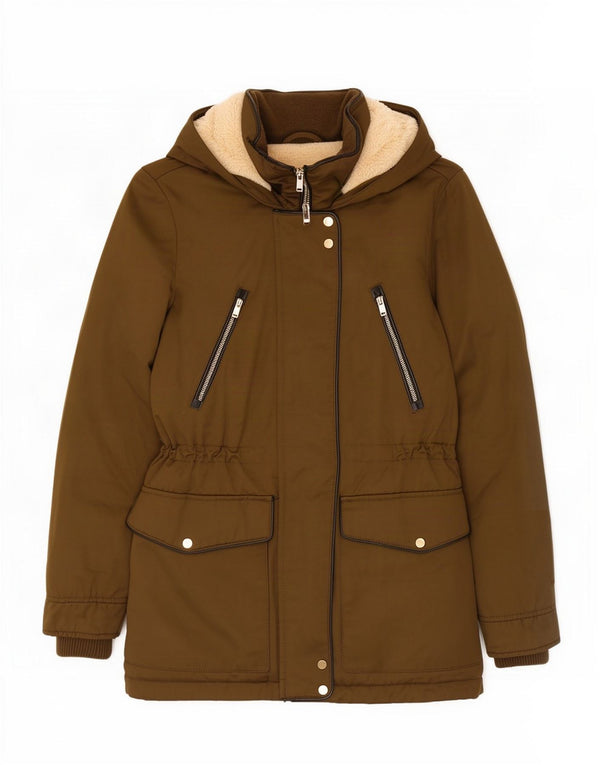 Jaqueta feminina Zara Trafaluc com capuz Sherpa Parka Reino Unido 6 XS cáqui poliéster