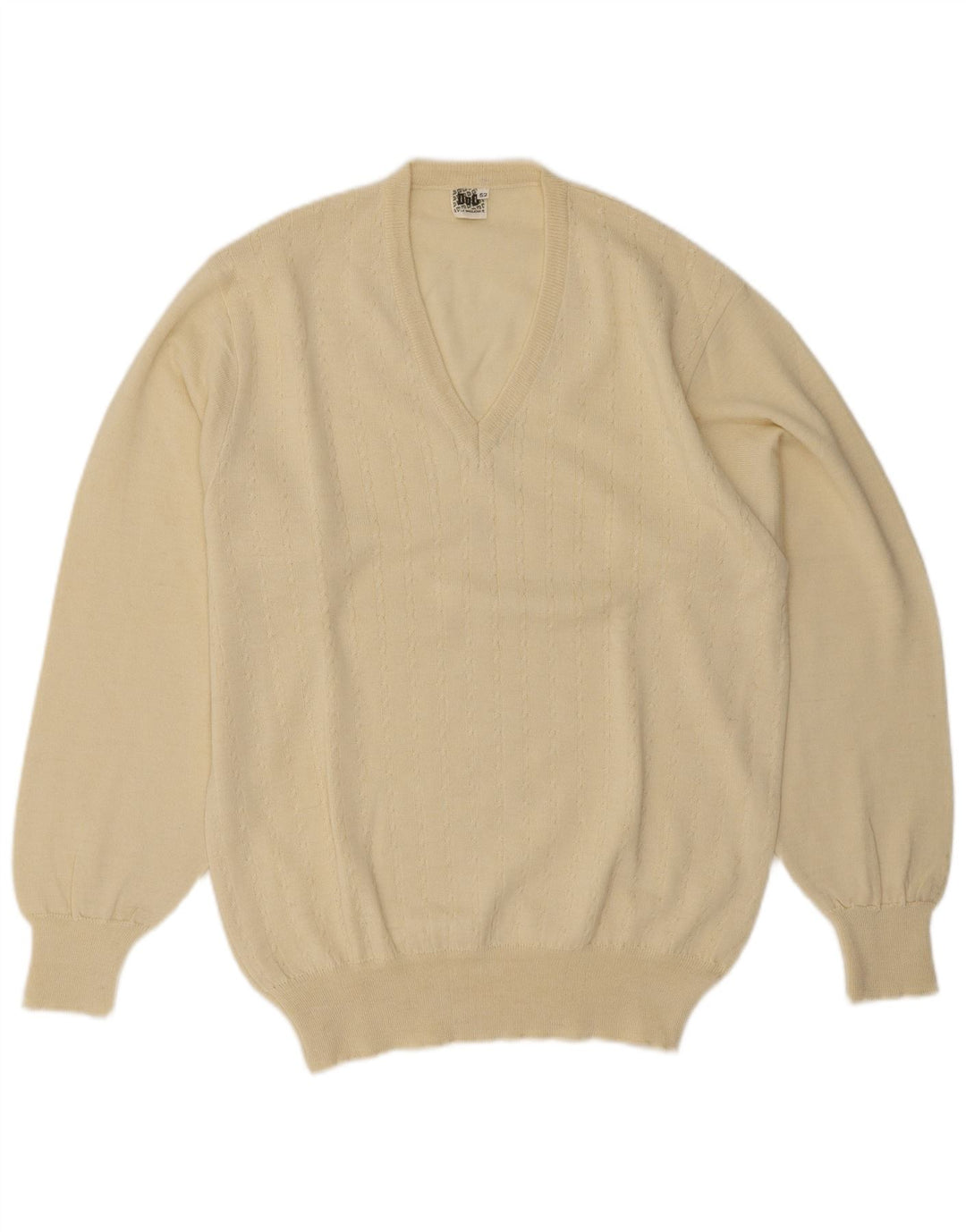 Vintage Mens V-Neck Jumper Sweater IT 52 Large Beige Wool