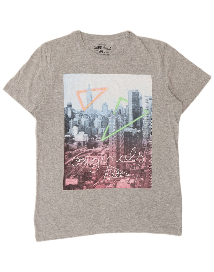 Jack & Jones Mens Graphic T-Shirt Top Large Grey Cotton