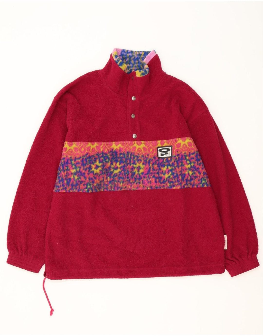 Vintage Mens Button Neck Fleece Jumper Large Pink Geometric Polyester