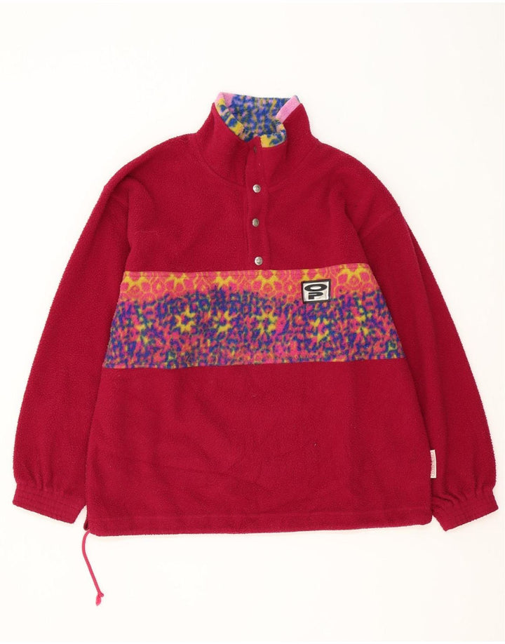 Vintage Mens Button Neck Fleece Jumper Large Pink Geometric Polyester