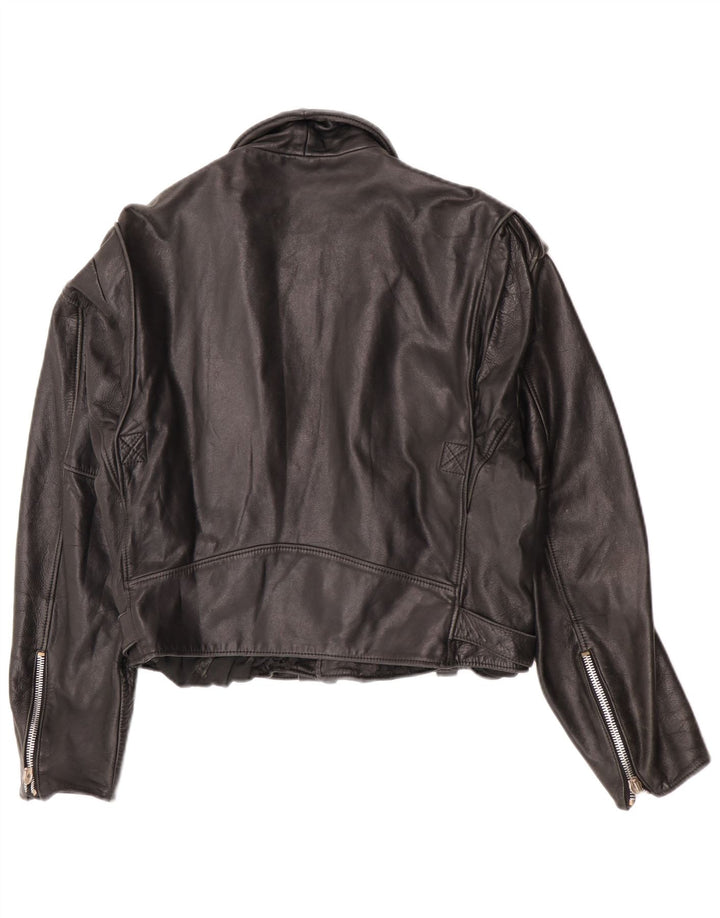 Vintage kvinders crop læder bikerjakke UK 12 medium sort læder