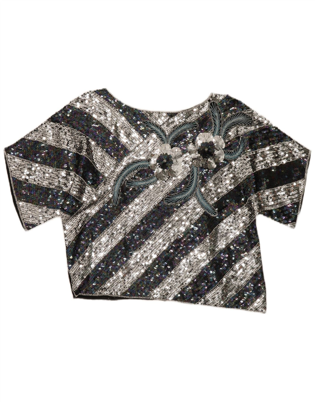 Vintage Kvinders Crop Grafisk Bluse Top EU 40 Medium Sort Stribet Silke