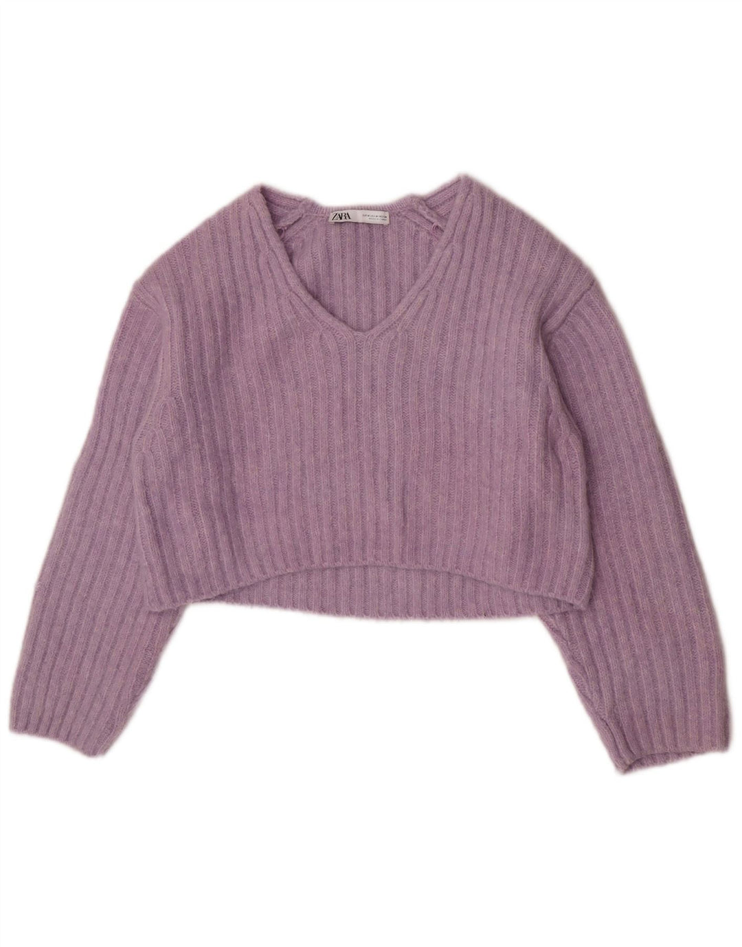 Zara Womens Crop V-Neck Jumper Sweater UK 14 Medium Purple Polyester