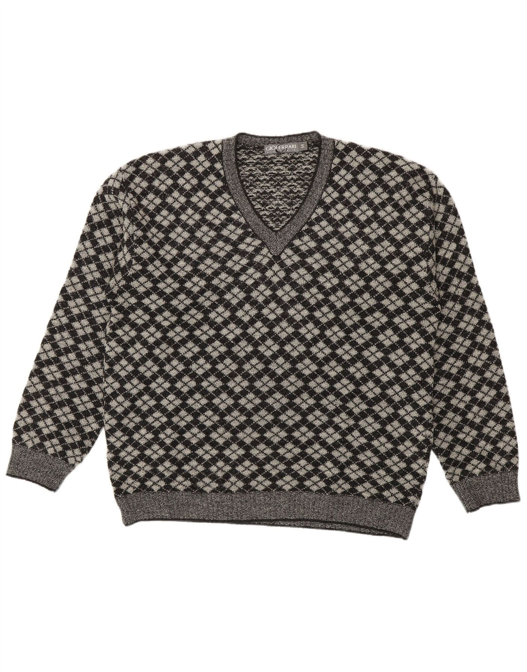 Gioferrari Mens V-Neck Jumper Sweater IT 54 XL Grey Argyle/Diamond