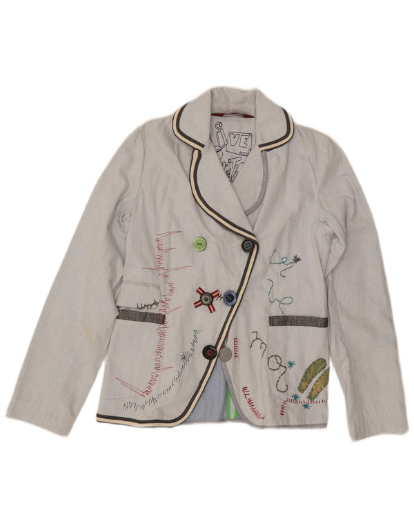 Desigual Jaqueta blazer feminina gráfica de 3 botões UE 42 grande algodão azul