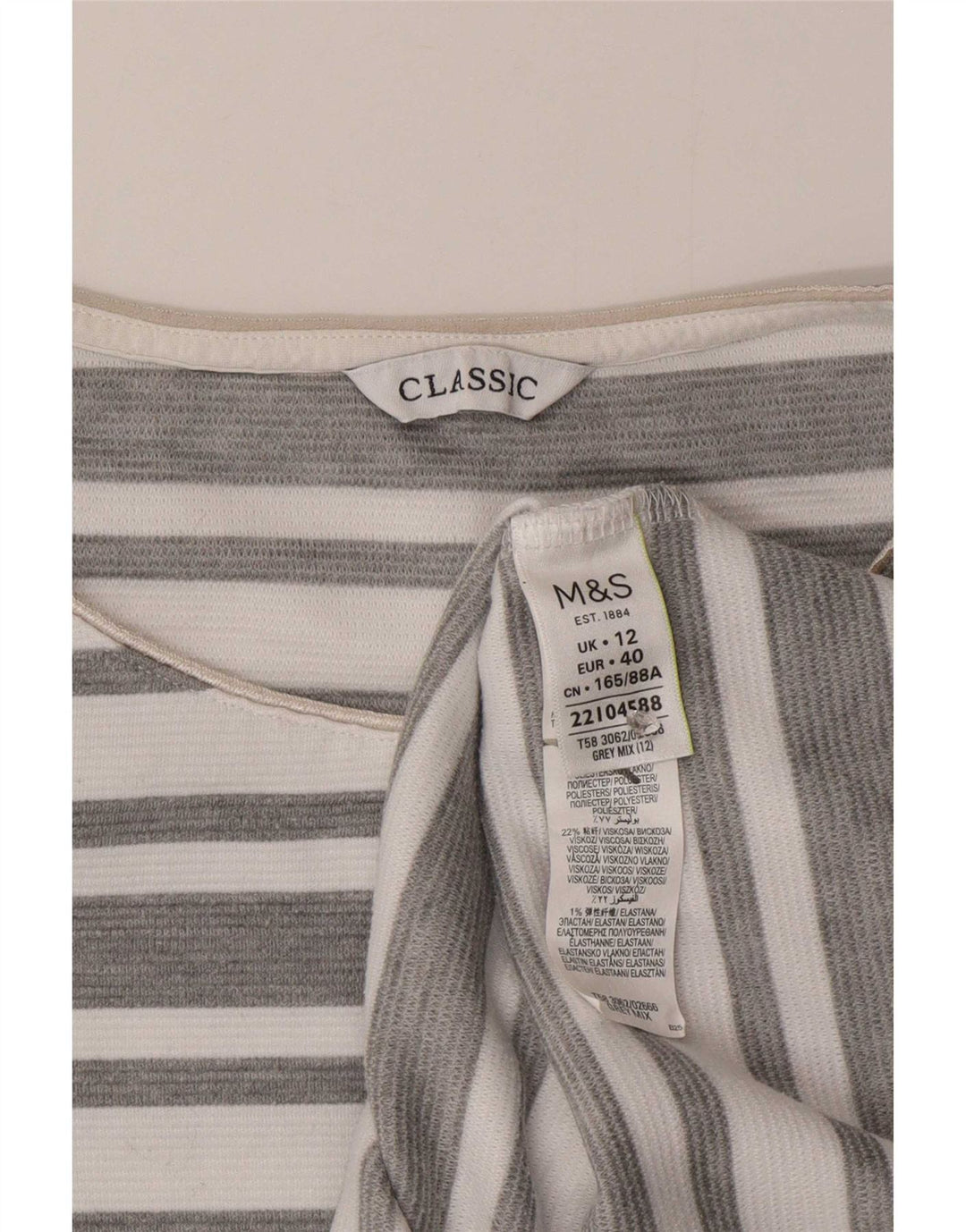 Marks & Spencer Top para mujer manga 3/4 UK 42 Poliéster a rayas gris medio