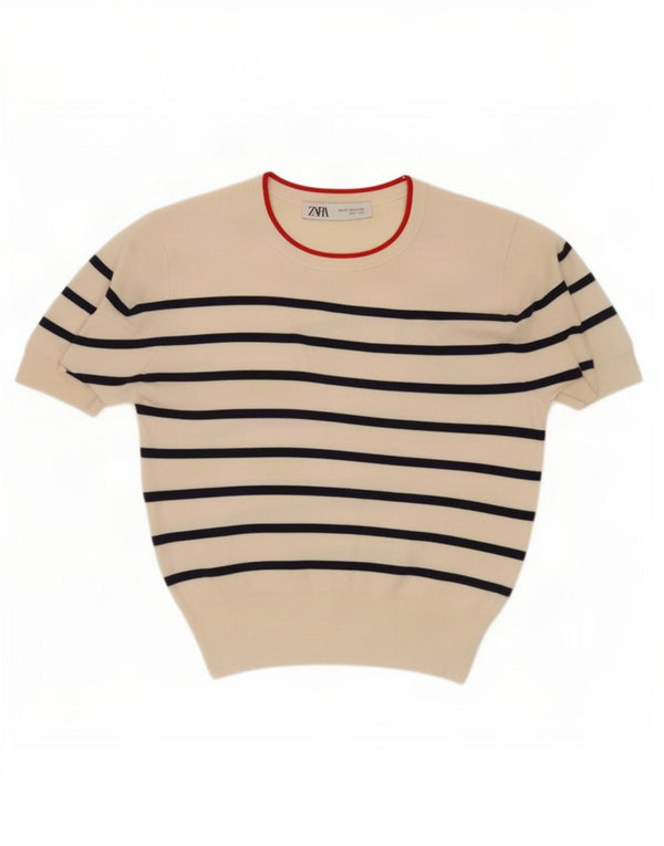 Camicetta a maniche corte da donna Zara UK 12 Viscosa a righe bianco sporco medio