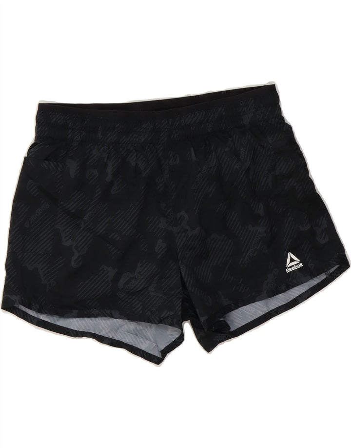REEBOK Womens Graphic Sport Shorts UK 10 Small  Black Striped Polyester Vintage Reebok and Second-Hand Reebok from Messina Hembry 