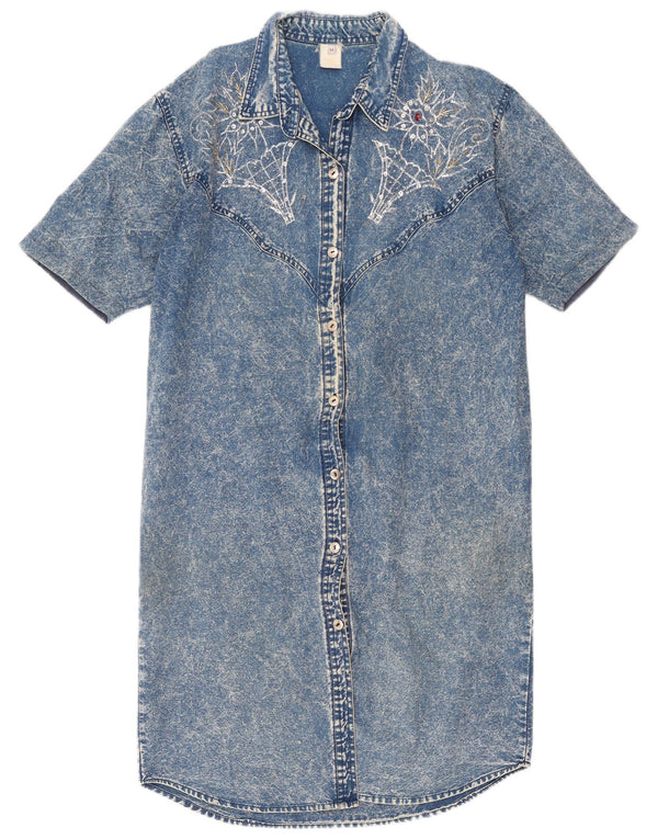 Vintage kvinders kortærmet denim skjortekjole UK 14 Medium Blue