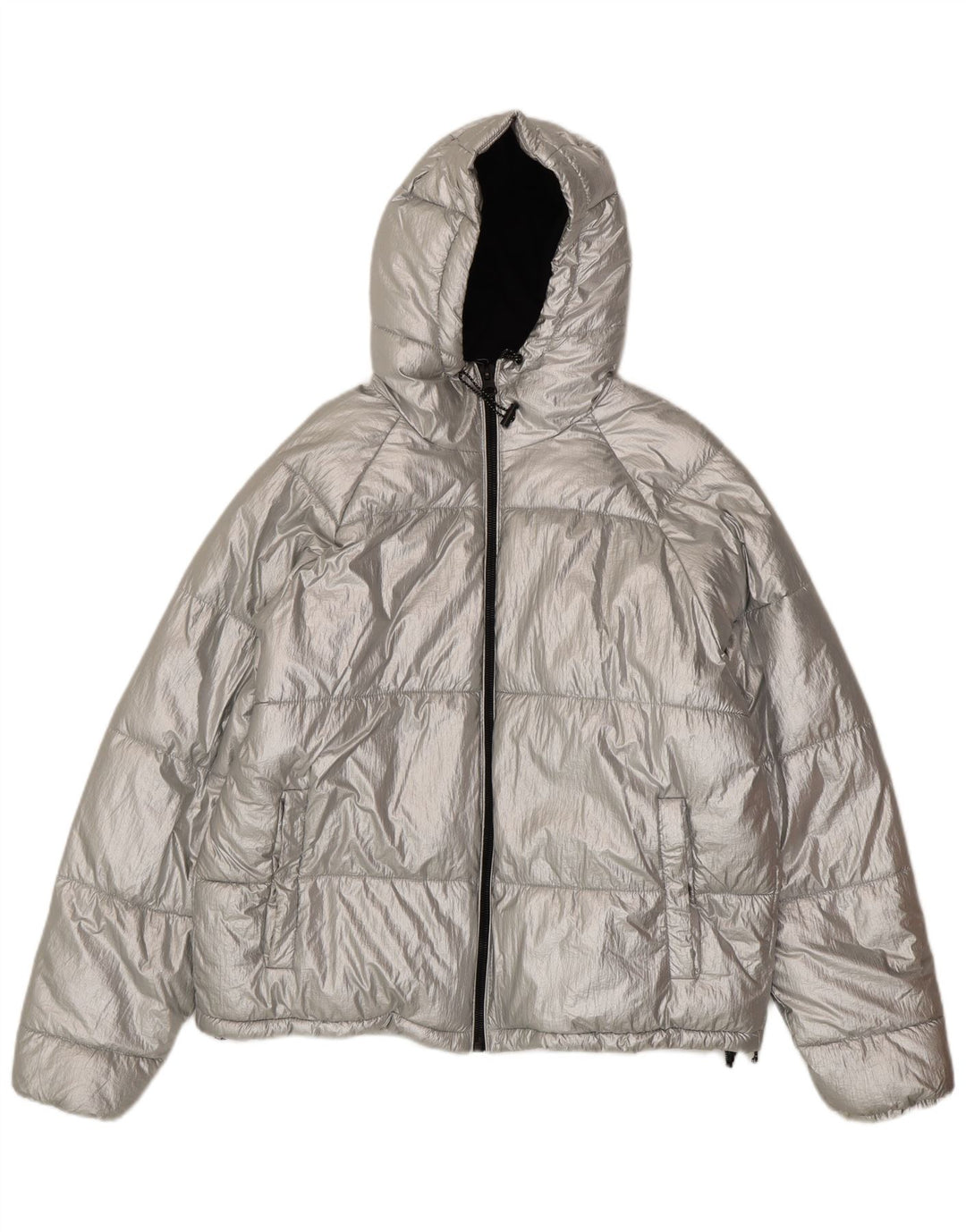 Giacca imbottita con cappuccio grafica oversize da donna Zara EU 38 piccola in nylon argento