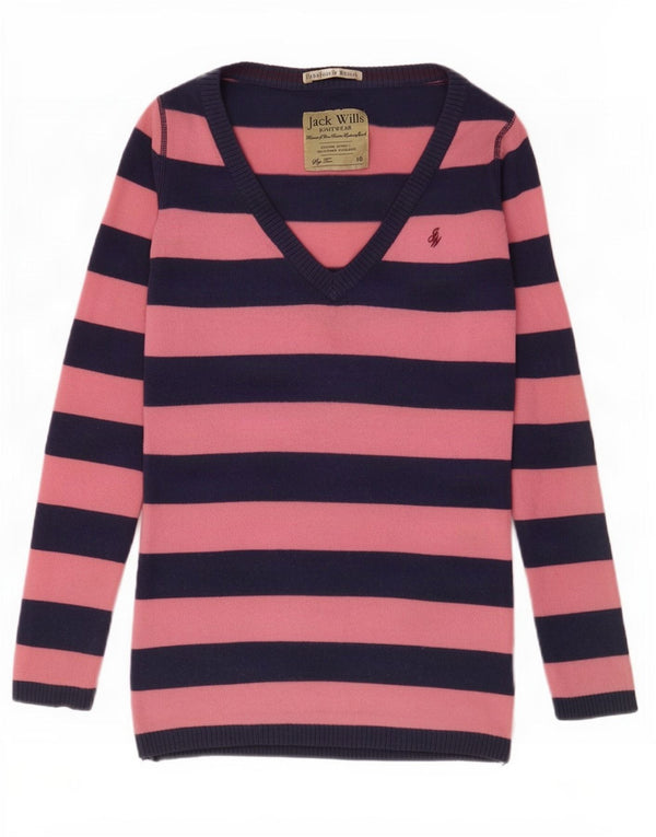 Jack Wills Womens V-Neck Jumper Sweater UK 10 Small Pink Striped Lambswool