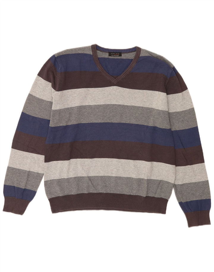 Zara Mens V-Neck Jumper Sweater Large Multicoloured Striped Cotton
