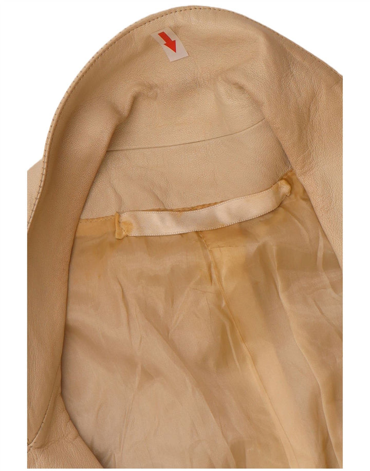 Giacca blazer in pelle doppio petto vintage da donna UK 12 beige medio
