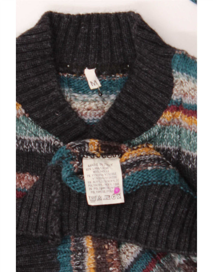 Vintage Pull col boutonné pour homme en laine rayée multicolore moyenne