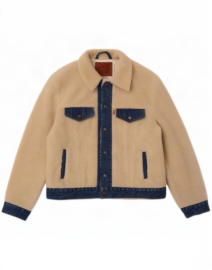 Levi's Mens Teddy Bear Fleece Jacket UK 38 Medium Off White Colourblock