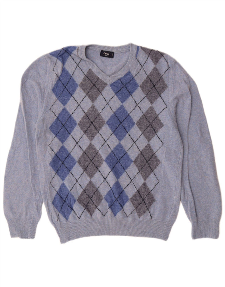 Matteo Volpi Womens V-Neck Jumper Sweater UK 12 Medium Blue Argyle/Diamond