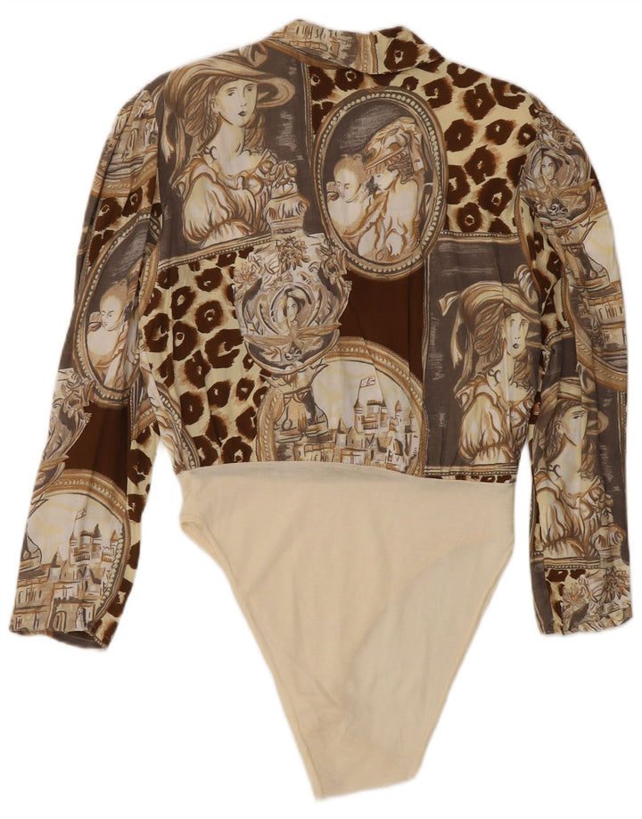 Body a maniche lunghe da donna vintage con motivo astratto UK 14 Marrone medio