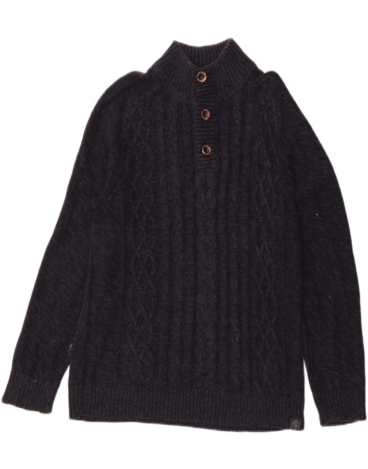 Fat Face Mens Button Neck Jumper Sweater Large Navy Blue Wool