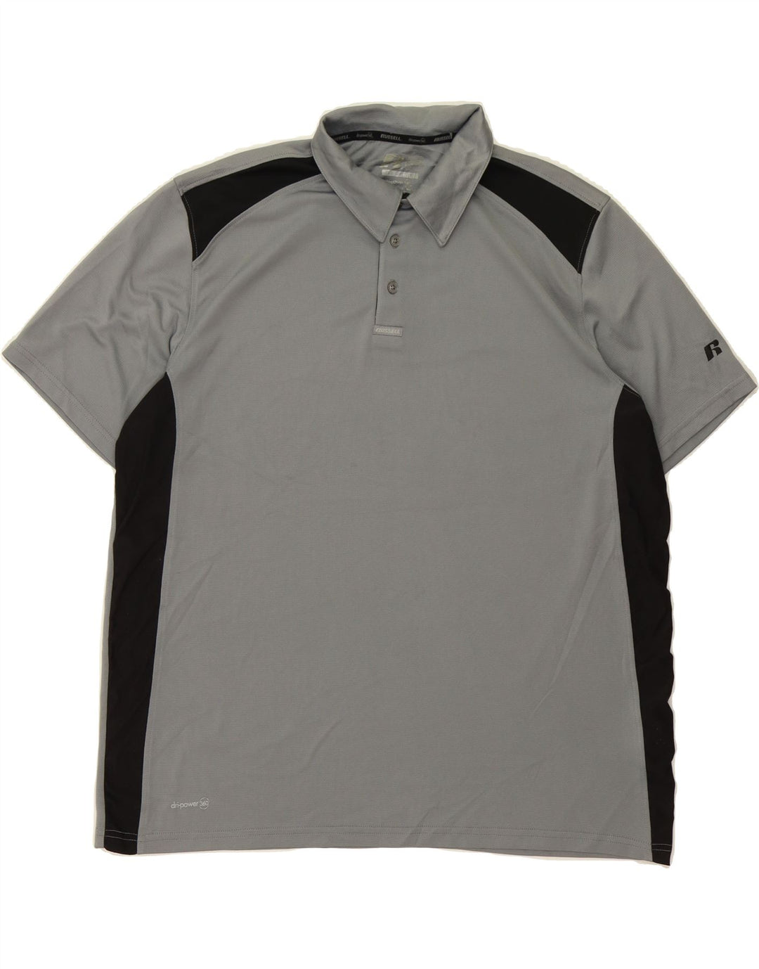 RUSSELL ATHLETIC Mens Dri-Power Polo Shirt XL Grey Colourblock Polyester Vintage Russell Athletic and Second-Hand Russell Athletic from Messina Hembry 