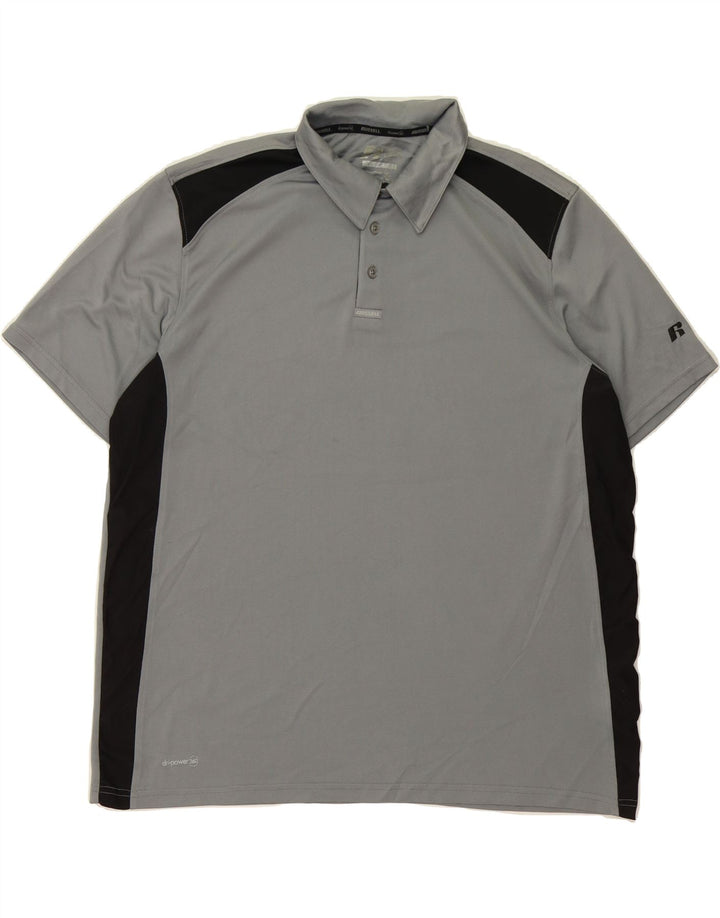 RUSSELL ATHLETIC Mens Dri-Power Polo Shirt XL Grey Colourblock Polyester Vintage Russell Athletic and Second-Hand Russell Athletic from Messina Hembry 