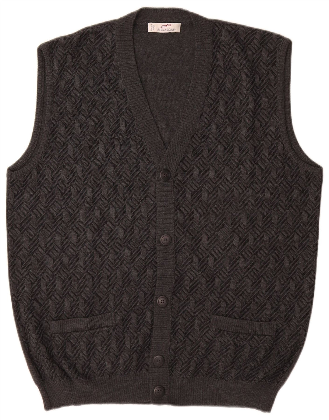 Bernardi Mens Sleeveless Cardigan Sweater IT 52 Large Grey Geometric Wool
