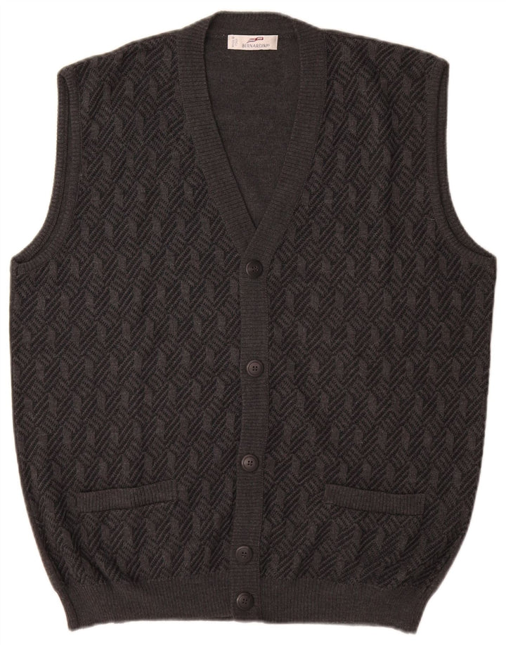 Bernardi Mens Sleeveless Cardigan Sweater IT 52 Large Grey Geometric Wool