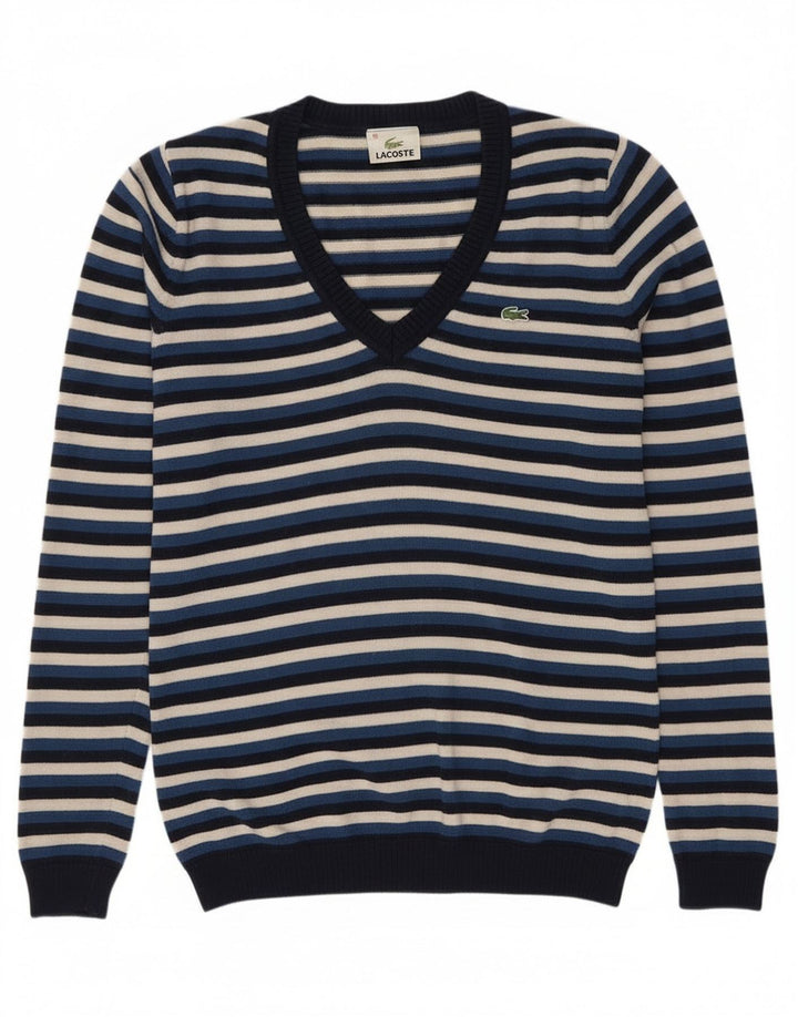 Lacoste Womens V-Neck Jumper Sweater Size 38 Medium Navy Blue Striped Wool