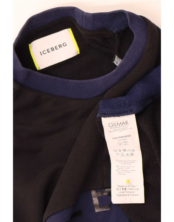 Iceberg Mens Graphic Sweatshirt Jumper Large Black Colourblock Cotton