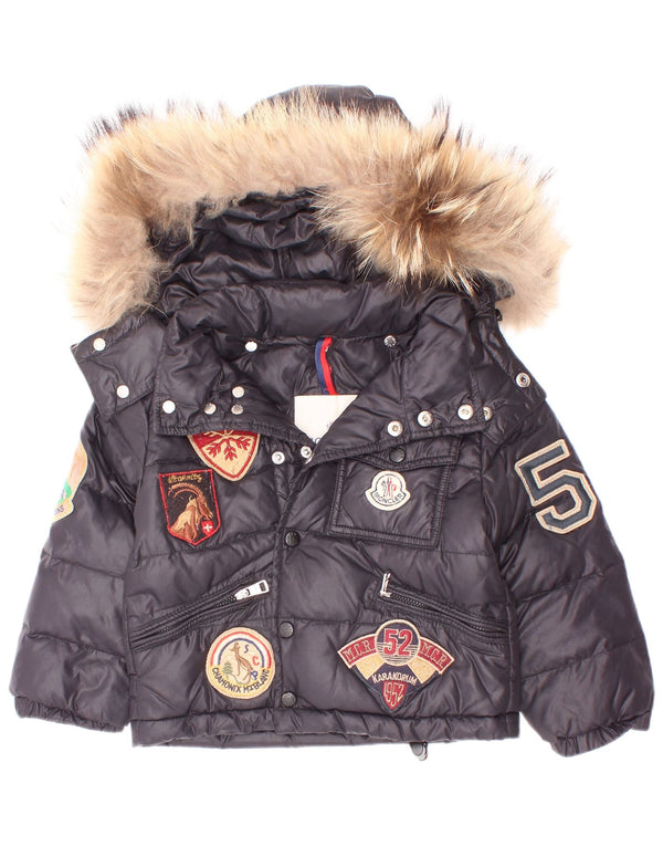 Jachetă căptușită cu glugă grafică Moncler pentru bebeluși 18-24 luni, nailon negru