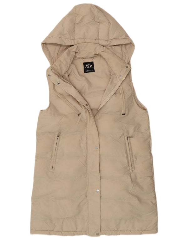 Zara Womens Longline Hooded Padded Gilet UK 14 Medium Beige Polyester