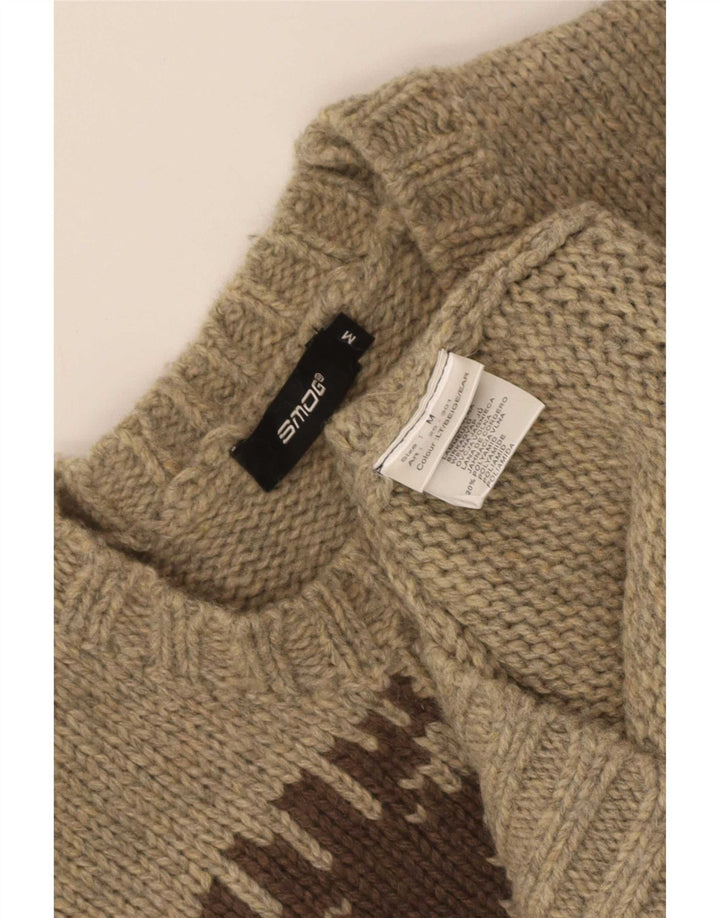 Smog Mens Graphic Crew Neck Jumper Sweater Medium Beige Fair Isle Lambswool
