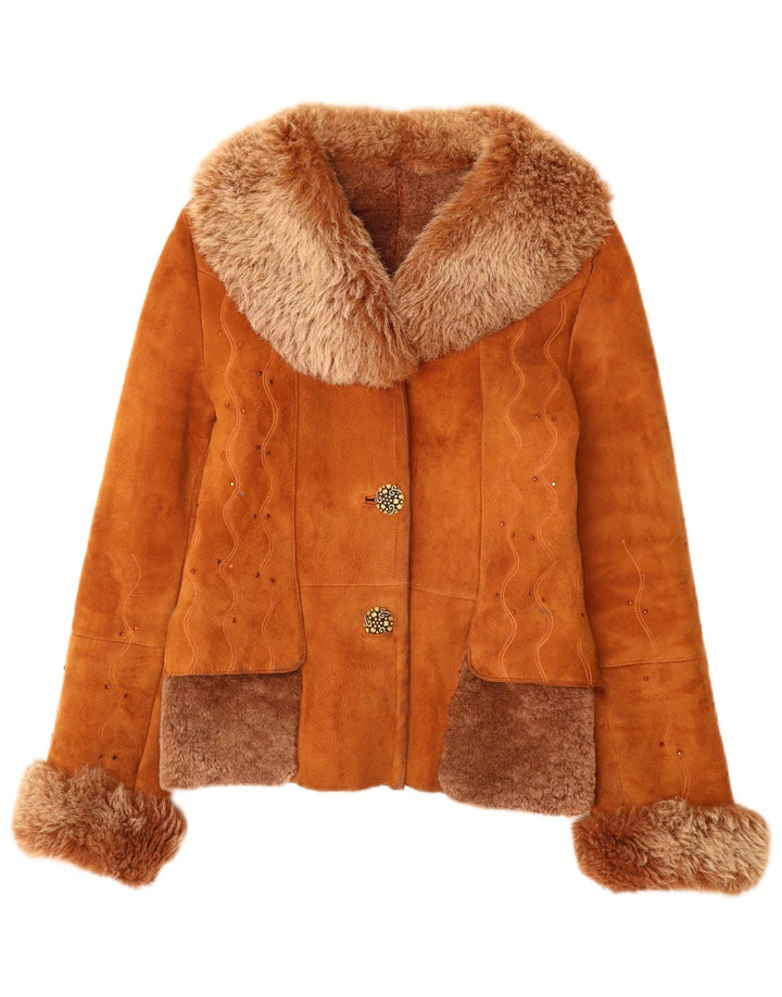 Veste Shearling Femme Vintage UK 12 Cuir Marron Moyen