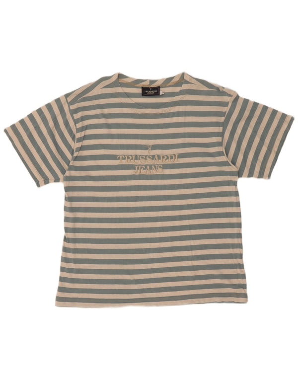 Trussardi Jeans Womens Graphic T-Shirt Top UK 16 Large Blue Striped Cotton