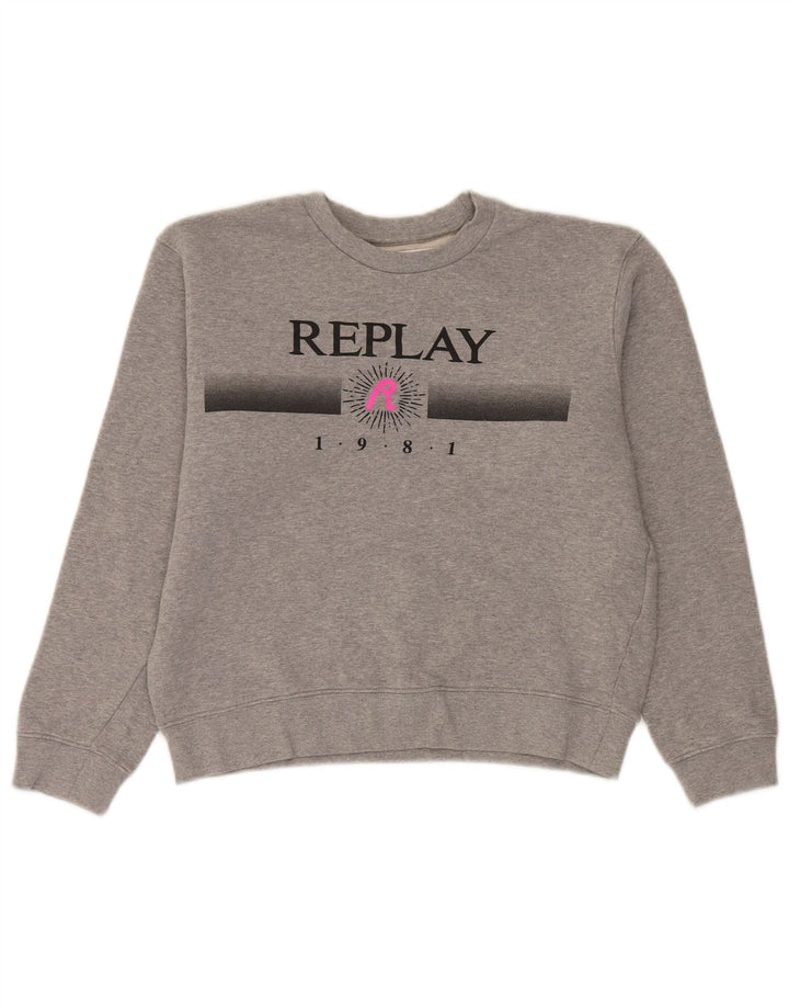 Felpa oversize con grafica da donna Replay, maglione UK 10, piccolo cotone grigio