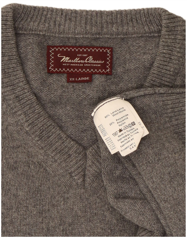 Marlboro Classics Herren-Pullover mit V-Ausschnitt, 2XL, graue Wolle