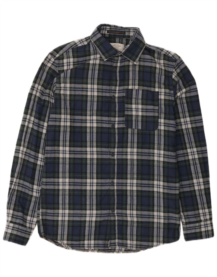 Jack & Jones Mens Flannel Shirt Medium Navy Blue Check Cotton