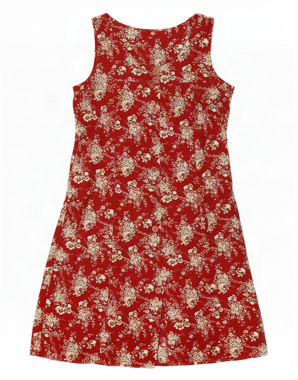 Abito camicia senza maniche vintage da donna UK 12 rosso medio floreale