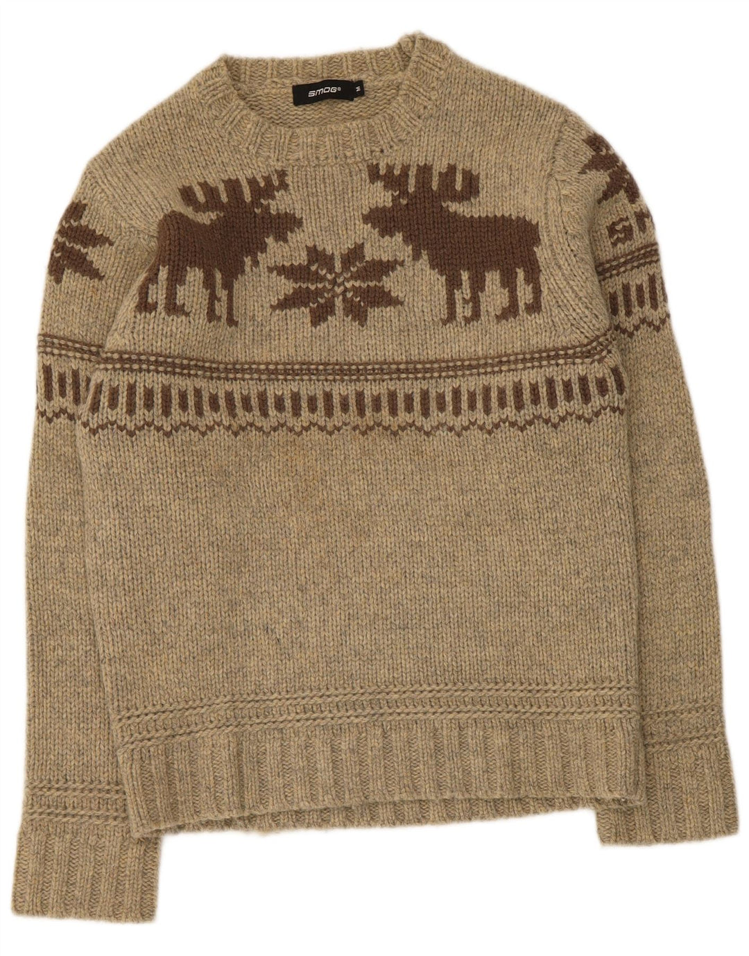 Smog Mens Graphic Crew Neck Jumper Sweater Medium Beige Fair Isle Lambswool