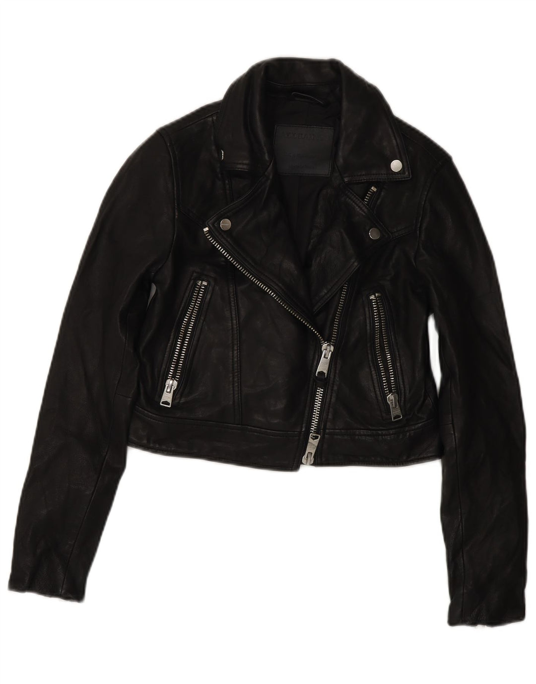 All Saints Womens Crop Leather Biker Jacket UK 4 XS Black Leather