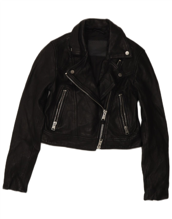 All Saints Womens Crop Leather Biker Jacket UK 4 XS Black Leather