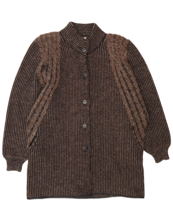Vintage Dame Longline Cardigan Sweater UK 14 Medium Brown Pinstripe