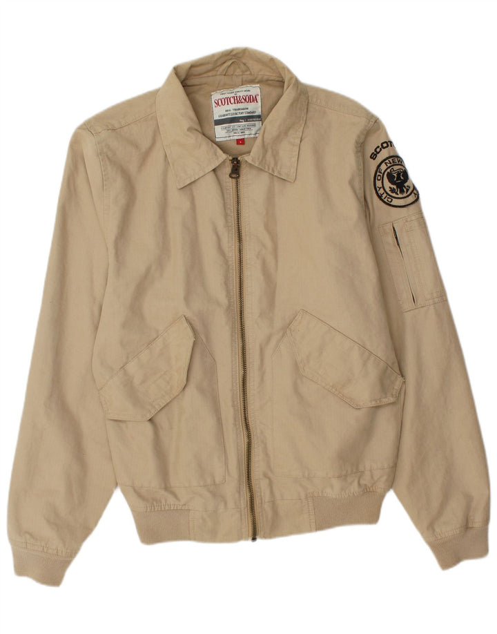 SCOTCH & SODA Mens Graphic Bomber Jacket UK 36 Small Beige Cotton
