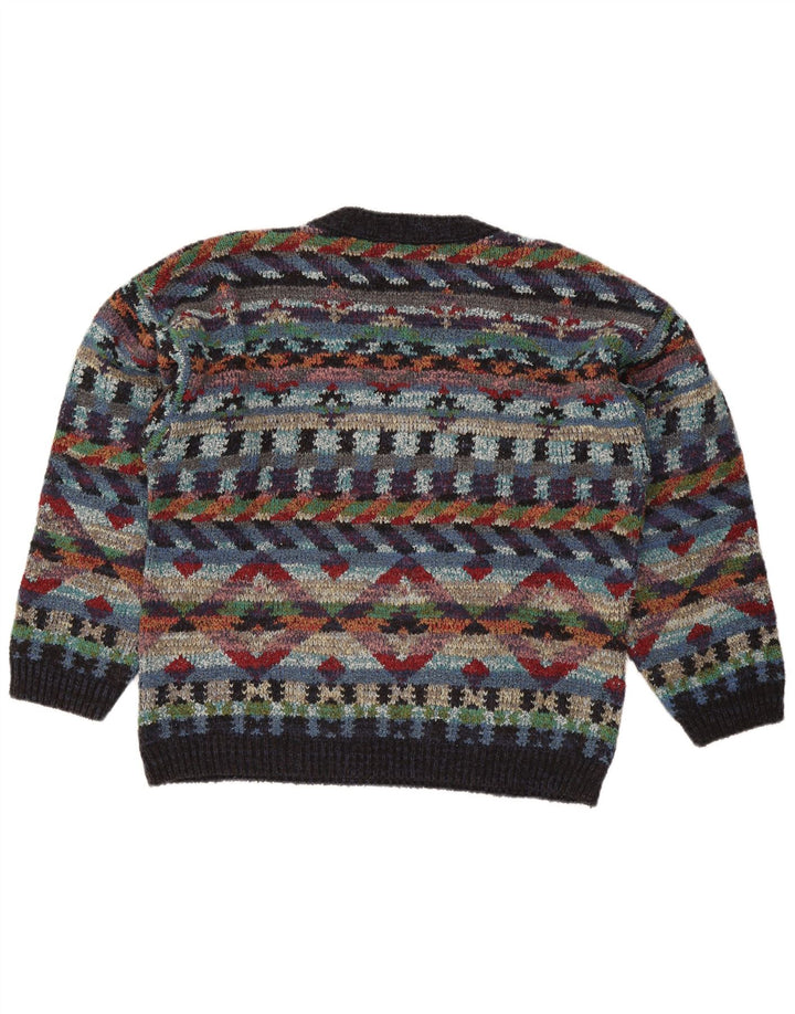 Vintage Mens V-Neck Jumper Sweater Medium Multicoloured Geometric Wool