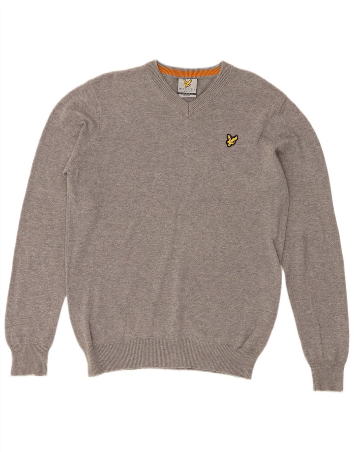 Lyle & Scott Mens V-Neck Jumper Sweater Medium Grey Cotton