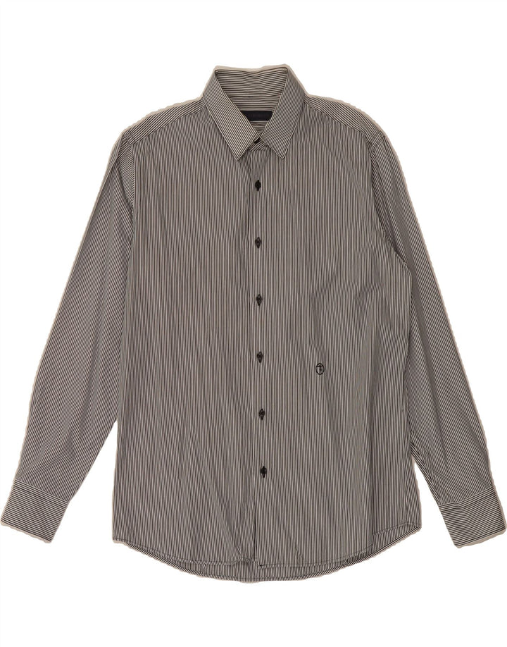 TRUSSARDI Mens Shirt Medium Navy Blue Pinstripe Cotton Vintage Trussardi and Second-Hand Trussardi from Messina Hembry 