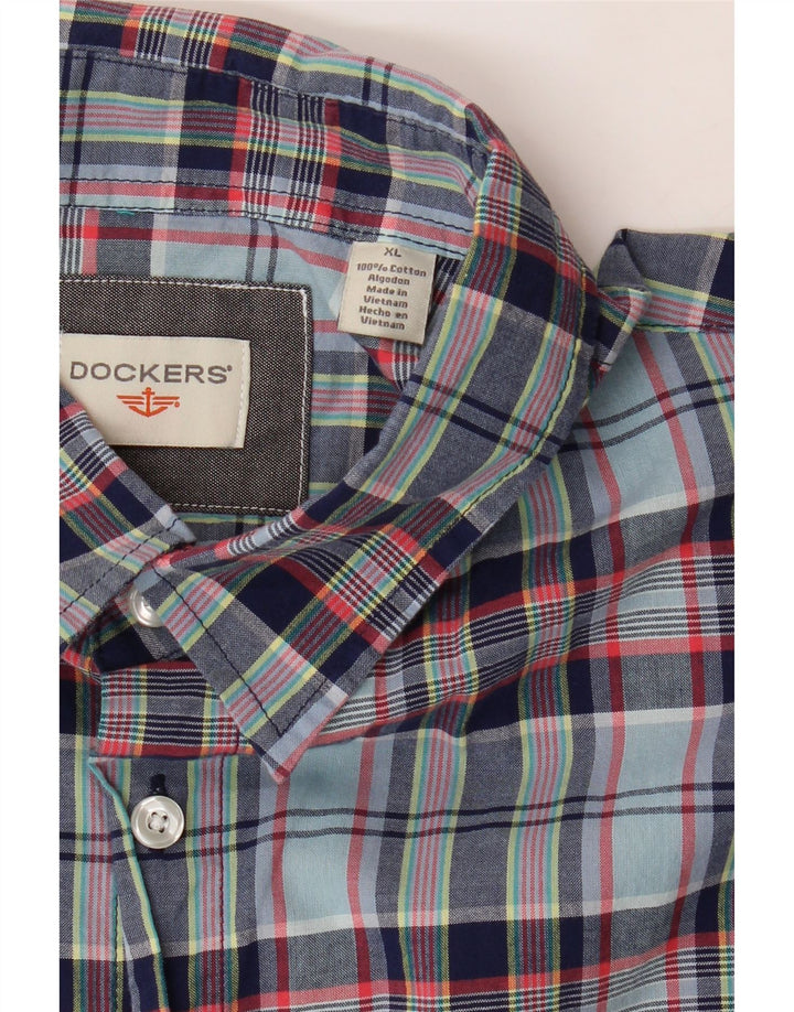 DOCKERS Mens Short Sleeve Shirt XL Navy Blue Check Cotton Vintage Dockers and Second-Hand Dockers from Messina Hembry 