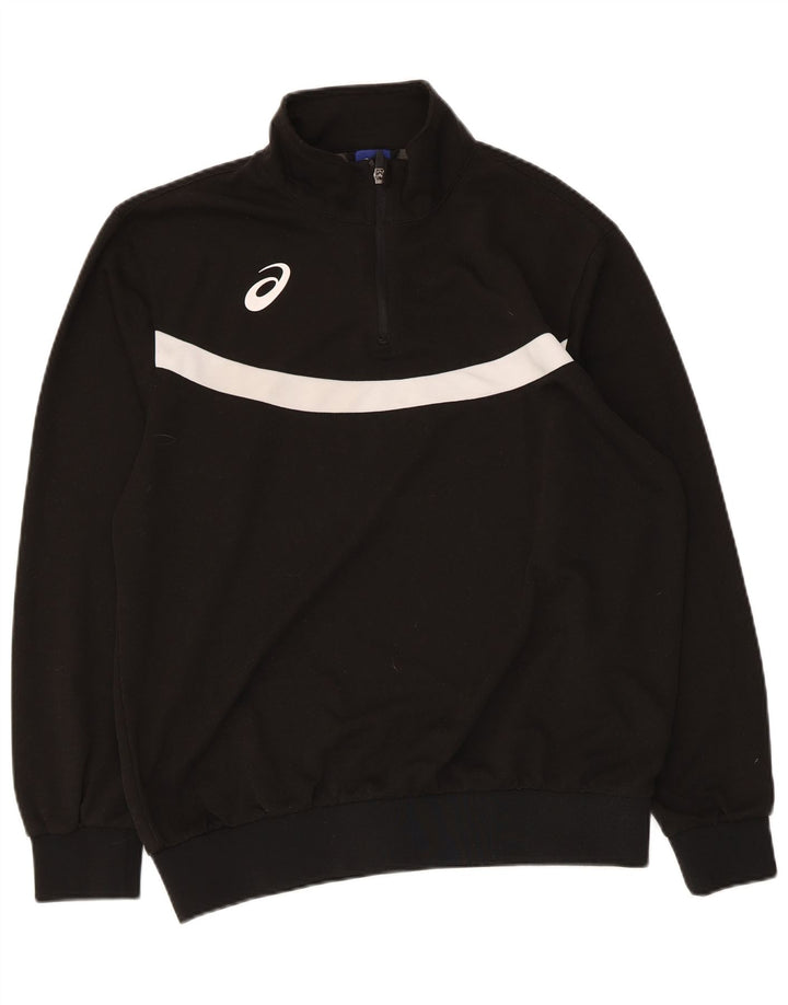 Felpa Asics da uomo con zip e collo, maglione grande, colore nero, in poliestere a blocchi