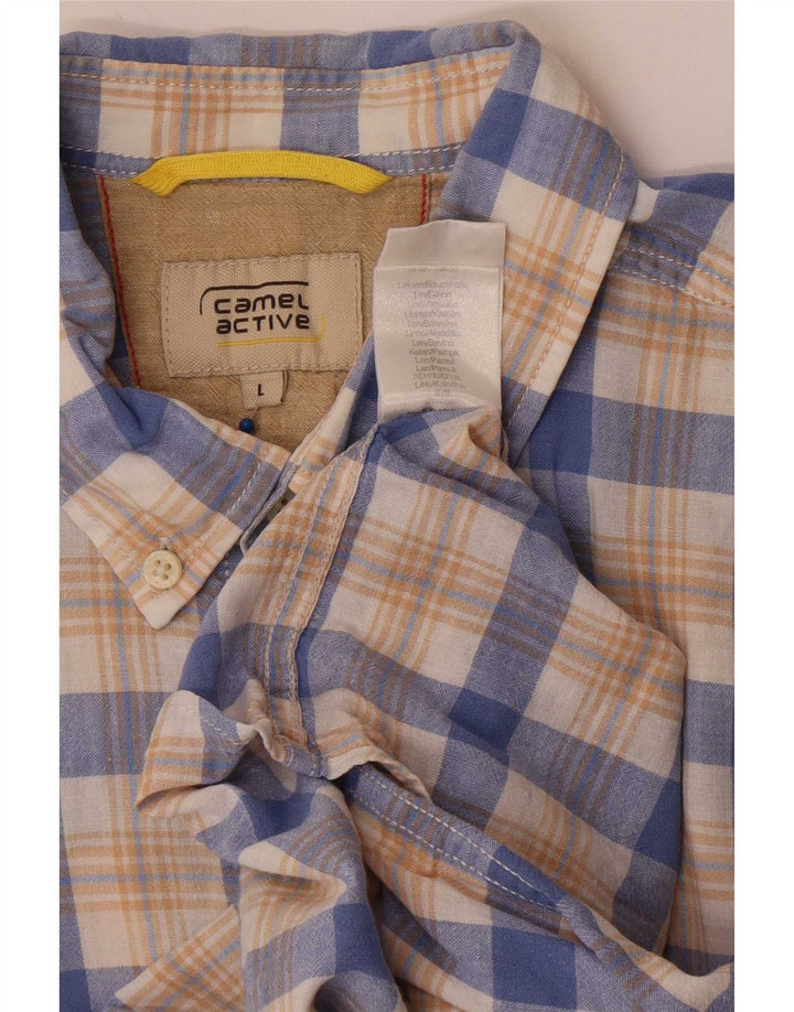Camel Camisa masculina de manga curta grande linho xadrez azul